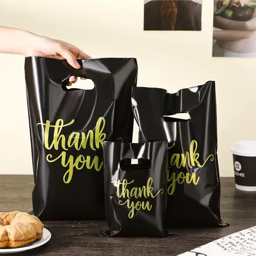 Vista 4 de 200 bolsas de plástico de agradecimiento con asas, bolsas de plástico troqueladas, bolsas de mercancía de compras a granel, 3 tamaños, paquete