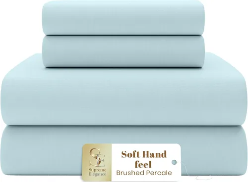 Vista 9 de SUPREME ELEGANCE Juego de sábanas de algodón blanco intenso de percal cepillado, resistentes a las arrugas, esenciales para dormitorio universitario