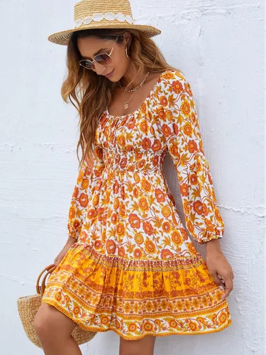Vista 6 de FARORO Vestidos fruncidos para mujer manga farol bohemio floral volantes hombros descubiertos vestido corto acampanado