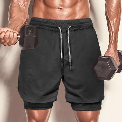 Vista 7 de Pantalones cortos de correr para hombre 2 en 1 de malla para gimnasio, entrenamiento, deportes, pantalones cortos atléticos para hombres