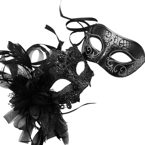Vista 39 de MASQ Par de máscaras de encaje brocado para mascarada, Mardi Gras, cumpleaños, graduación, boda, fiesta Bk Lace W Pluma