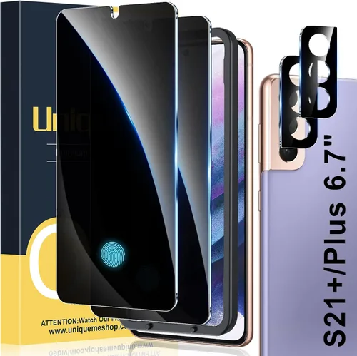 Vista 8 de UniqueMe [Paquete de 2+2] Compatible con Samsung S21, protector de pantalla de privacidad de vidrio templado y protector de lente de cámara Negro