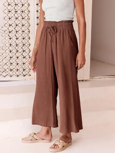 Vista 8 de ANRABESS Pantalones de lino para mujer, estilo casual, holgados, cintura alta, cordón de pierna ancha, pantalones capri palazzo con bolsillos
