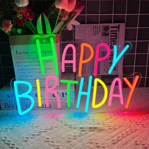 Vista 8 de Letrero de neón de feliz cumpleaños para decoración de pared, luces de neón de feliz cumpleaños coloridas, luz de neón LED de cumpleaños para telón