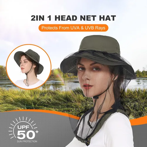 Vista 3 de Mosquito Head Net Hat - Bug Cap UPF 50+ Sun Protection with Hidden Netting for Beekeeping Hiking Women