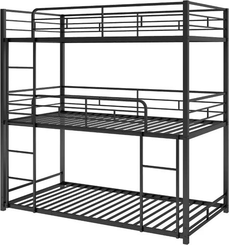 Vista 5 de Harper & Bright Designs Litera triple de metal individual sobre cama individual, litera baja resistente con barandillas de seguridad y escalera Negro