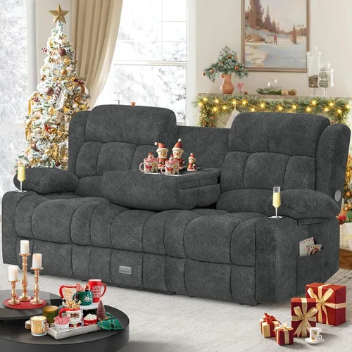 Vista 29 de Dresegmt - Juego de sofá reclinable con consola, diseño de respaldo central abatible, sofá de 3 plazas y sillón reclinable individual, sofás Gris