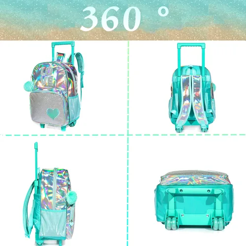 Vista 16 de Mochila con ruedas para niñas, mochila escolar con ruedas, bolsa escolar con bolsa de almuerzo y bolsa para lápices, mochila con ruedas para niños