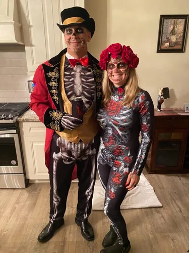 Vista 5 de UQJE Disfraz de esqueleto de Halloween para mujer, overol elástico con estampado, traje de cosplay