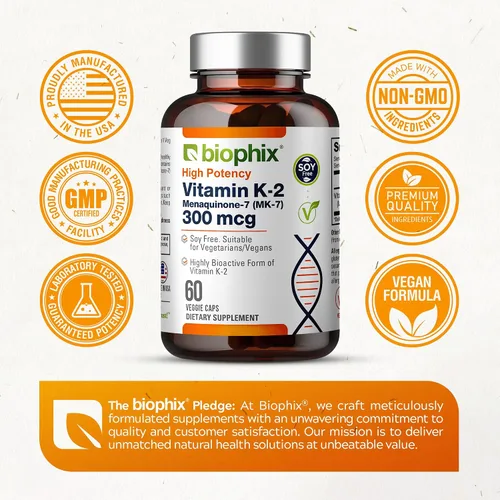 Vista 5 de biophix Vitamina K2 MK-7 300mcg, 60 cápsulas veganas - Suplemento de alta potencia para la fuerza ósea y la salud inmunológica
