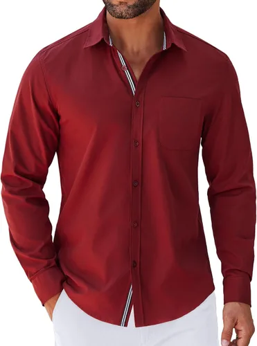 Vista 18 de COOFANDY Camisa para hombre de manga larga casual con botones, camisas sin doblar para hombre de ajuste regular