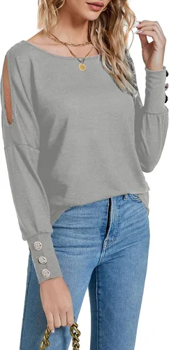 Vista 3 de LYANER Blusa casual de manga larga con cuello bote y hombros descubiertos para mujer