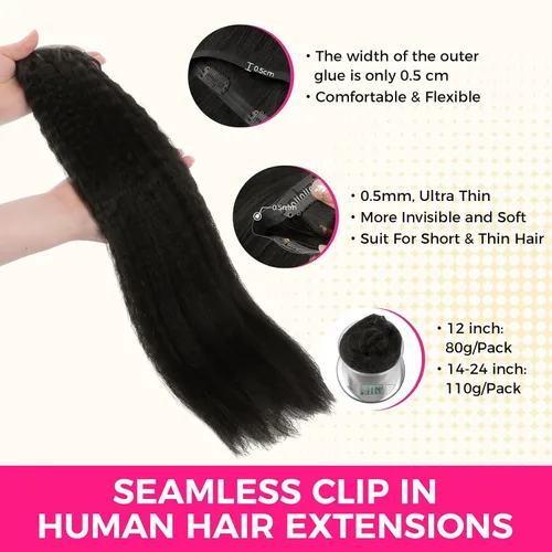 Vista 3 de Extensiones de cabello Lashey con clip, 100% cabello humano real, liso tipo afro, borde invisible, sin costuras, con clip, 3.53 oz, negro natural