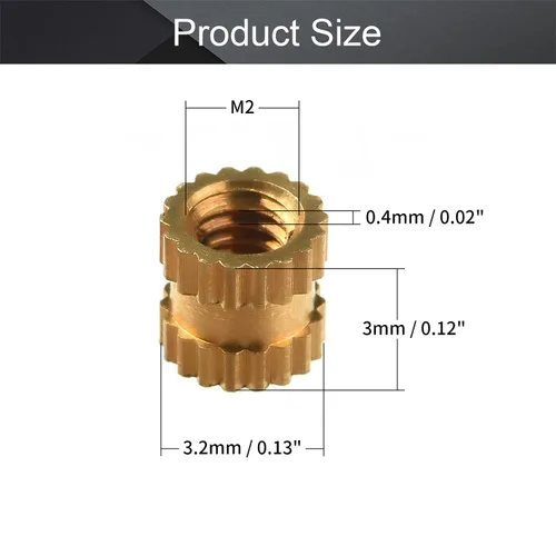 Vista 2 de MroMax Tuercas de inserción moleteadas M2, latón M2x3x3.0.079 in, tuercas de inserción roscadas métricas a través de roscado prensado en agujeros