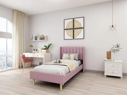 Vista 18 de Upholstered Bed Frame with Wingback Headboard and Wood Slats (Beige-Linen, Twin)