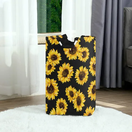 Vista 2 de senya Cesta de lavandería grande para compras, plegable, de tela, plegable, para ropa sucia, contenedor plegable para lavado (girasol negro)