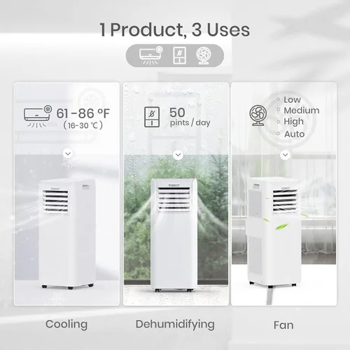 Vista 3 de TOSOT - Aire acondicionado de 9,000 BTU más fácil de instalar, silencioso y portátil 3 en 1, deshumidificador, ventilador para habitaciones de hasta