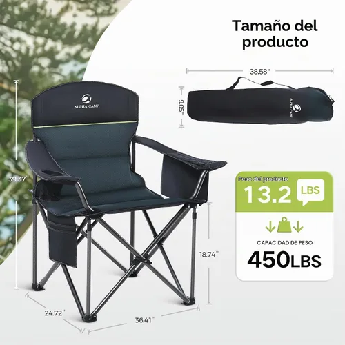Vista 2 de GREEN PARTY Silla plegable de camping de gran tamaño resistente con bolsa refrigeradora, soporte para tazas, bolsillo de almacenamiento, silla
