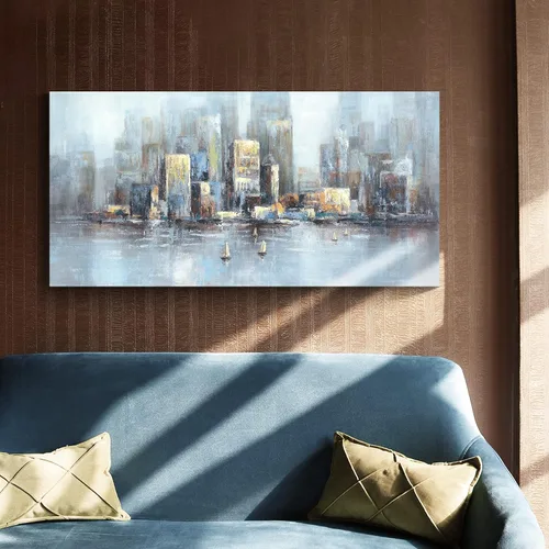 Vista 3 de Lienzo decorativo para pared de ciudad: paisaje abstracto de horizonte moderno, pintura de paisaje urbano contemporáneo, horizontal, vista urbana