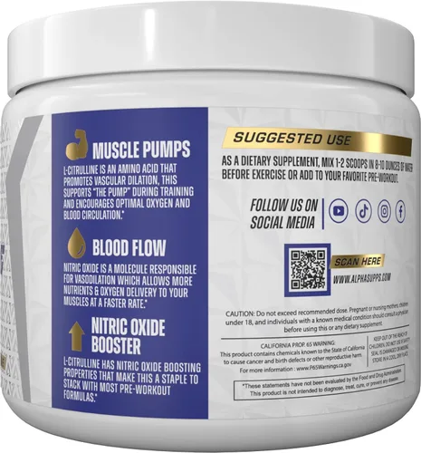 Vista 2 de Alpha Supps L-Citrulina en polvo sin sabor citrulina pura para hombres y mujeres - cero rellenos - apoya la resistencia y la recuperación muscular