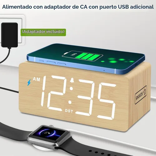 Vista 5 de DreamSky Wooden Digital Alarm Clock with Wireless Charging for Bedroom Bamboo