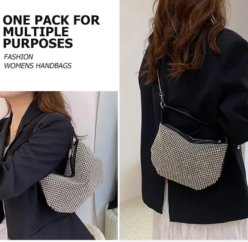 Vista 6 de Sweetovo Bolso cruzado con diamantes de imitación de cristal brillante para mujer 2023 con cadena larga para fiesta, porno y boda, plateado