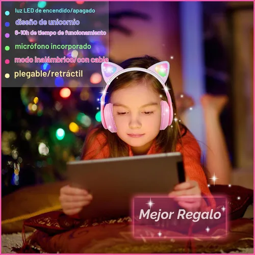 Vista 3 de Auriculares Bluetooth de orejas de gato para niñas, niños y adolescentes, luz LED, modo inalámbrico/con cable, auriculares estéreo plegables