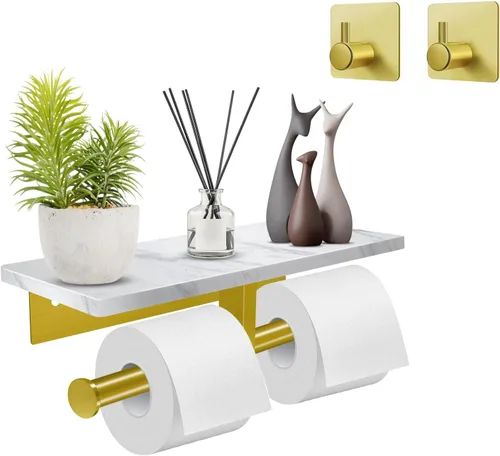 Vista 7 de Soporte de papel higiénico con estante de mármol, soporte de papel higiénico montado en la pared de acero inoxidable SUS304 y 2 ganchos adhesivos