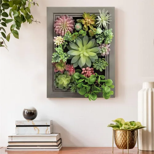 Vista 2 de Arte de pared de suculentas artificiales 3D, arreglo de flores falsas con marco floral, decoración de pared para decoración de habitación, fondo