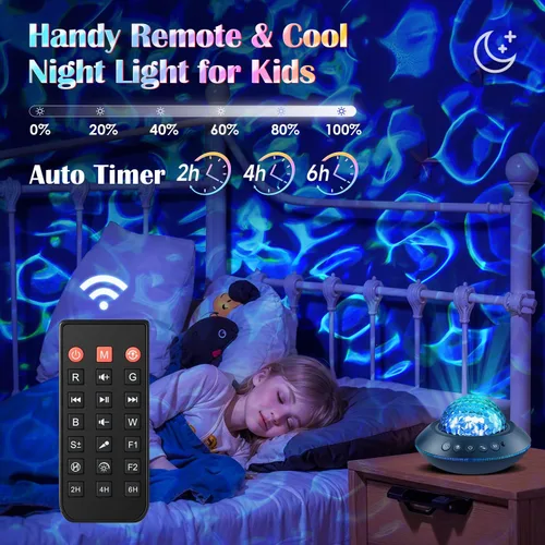 Vista 6 de Proyector de galaxia para dormitorio, ruidos blancos y proyector de luz nocturna Bluetooth, proyector de techo de cobertura completa de 360°
