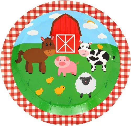 Vista 5 de Juvale Farm - Decoraciones para fiestas temáticas – Juego de 144 piezas, sirve 24, platos de 9 pulgadas y tazas de 9 onzas, diseño de animales a