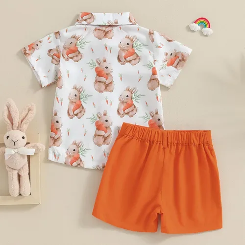 Vista 6 de Lnzyyephy Conjunto de ropa de verano para bebé niño, camisa de manga corta con botones + pantalones cortos sólidos