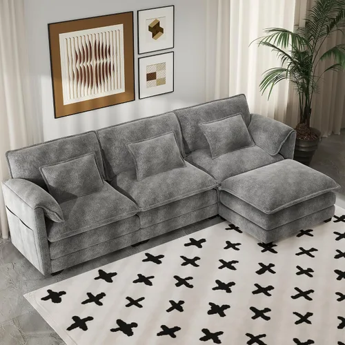 Vista 10 de Real Relax 145'' Sofá seccional modular, sofá convertible de 4 plazas con chenilla, 8 almohadas y 2 reposabrazos para sala de estar, oficina