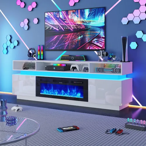 Vista 17 de chartustriable Soporte de TV LED para TV de 80 pulgadas, centro de entretenimiento alto moderno con tomas de corriente, soporte de TV de alto