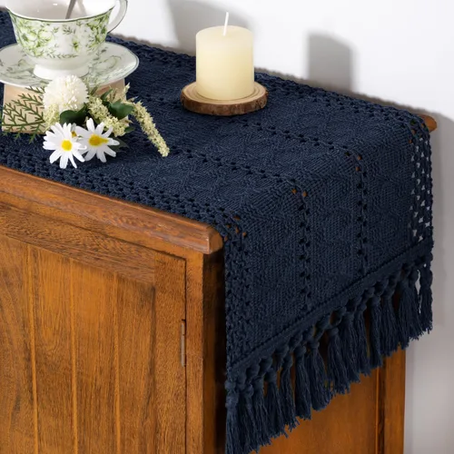 Vista 13 de Camino de mesa bohemio de verano rústico para comedor, bufanda para decoración del hogar Tassel Kitchen Centerpiece Small Macrame Woven Cotton