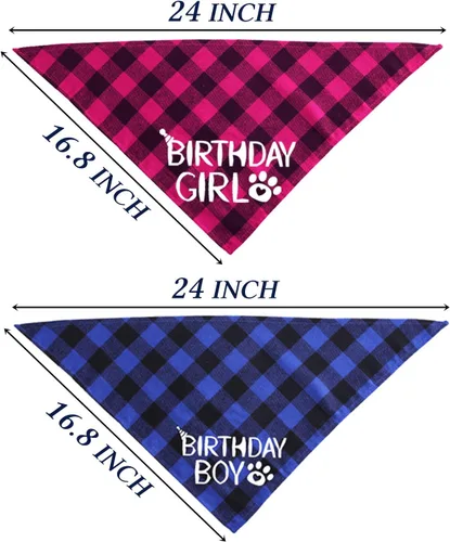 Vista 4 de STMK Paquete de 2 pañuelos de cumpleaños para perros, cumpleaños de perro niño y niña, bandana a cuadros triangulares para perros