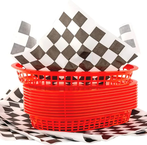 Vista 7 de Combo de cesta de comida rápida negra de estilo retro (paquete de 6) y forro de delicatessen a cuadros rojos (60 unidades). Las cestas clásicas
