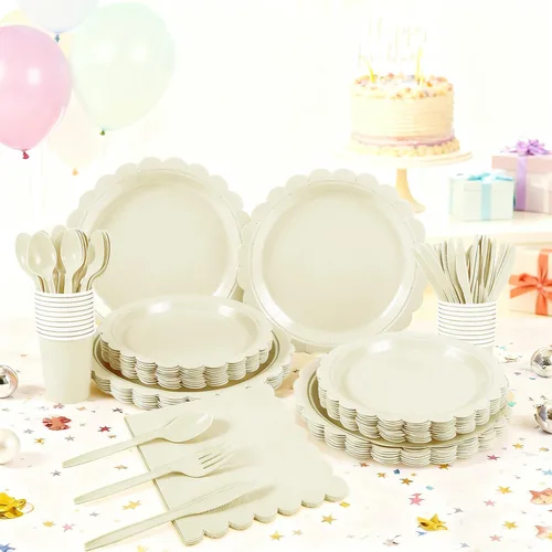 Vista 3 de 176 platos y servilletas color marfil, platos festoneados beige, servilletas, vasos, cubiertos, mantel para baby shower, boda, decoración de fiesta
