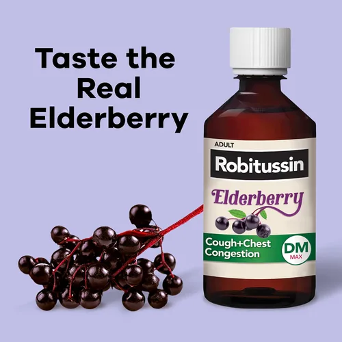 Vista 3 de Robitussin Medicamento DM para la tos y la congestión torácica de baya de saúco de máxima fuerza para adultos, líquido para aliviar la congestión