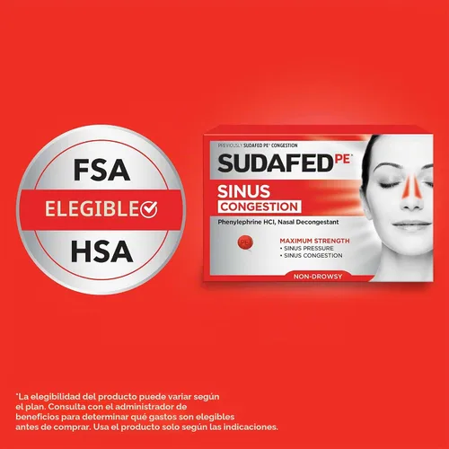 Vista 4 de Sudafed Tabletas de alivio de la congestión sinusal de PE, máxima fuerza, sin somnolencia, 10 mg de fenilefrina HCI descongestionante para presión
