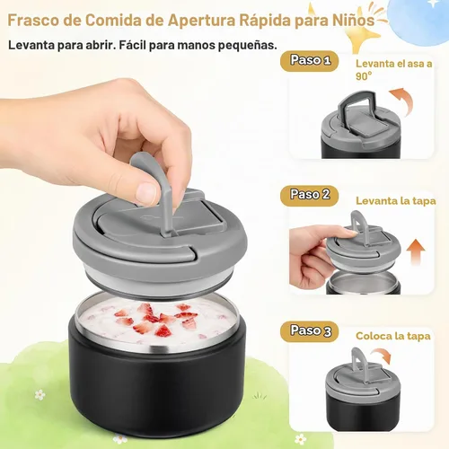 Vista 4 de Lonchera Bento con termo de sopa de 8 onzas, a prueba de fugas, 4 compartimentos, para niños, con taza de salsa y bolsa de hielo, tarro de comida