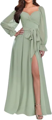 Vista 2 de Vestidos de dama de honor con mangas largas de gasa cuello en V vestidos de noche para invitados de boda