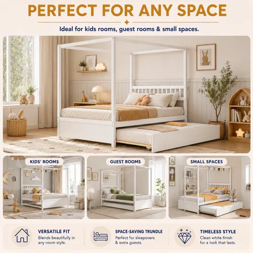 Vista 8 de NAFORT Cama con dosel de tamaño matrimonial con nido, marco de madera maciza para niños y adolescentes, soporte resistente de 600 libras, cama