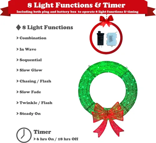 Vista 4 de Corona de Navidad Iluminada para Decoraciones Exteriores, Corona de Navidad Pequeña de 24 pulgadas, 110 Luces con 8 Efectos Intermitentes, Corona