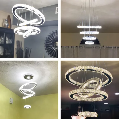 Vista 4 de Candelabros de cristal modernos con anillos LED, luz colgante ajustable, lámpara de techo de acero inoxidable para sala de estar, comedor y Blanco