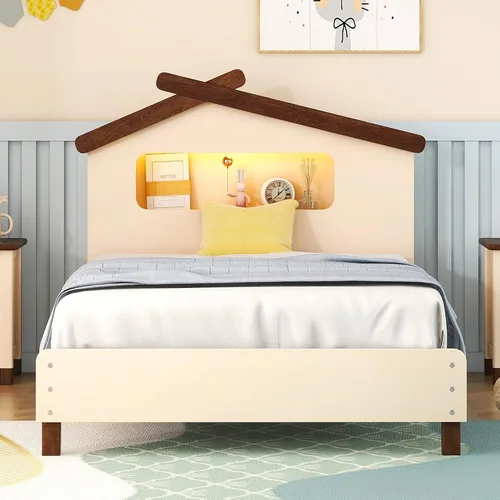 Vista 33 de Cama de plataforma de madera de tamaño individual con cabecera en forma de casa, soporte de listones de madera, para dormitorio de niños, niñas