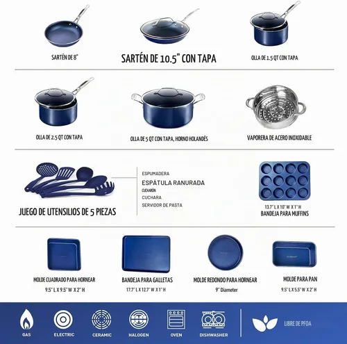 Vista 2 de Granite Stone Diamond - Juego de utensilios de cocina de piedra de granito Azul