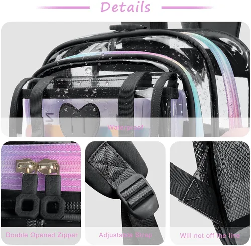 Vista 3 de Mochila transparente de PVC impermeable y resistente al congelamiento, de gran capacidad, elegante y duradera para viajes, Negro, Moderno