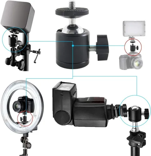 Vista 4 de EXMAX Cabezal de bola de trípode giratorio de 360 grados con base de rosca de tornillo de 1/4 pulgadas para cámara DSLR, videocámara, luz LED Negro