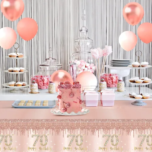 Vista 6 de Pack de 3 manteles de cumpleaños número 70 para mujer, rosado y dorado, mantel de plástico desechable rectangular para fiesta de cumpleaños número